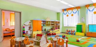Preschool classroom with colorful furniture and toys