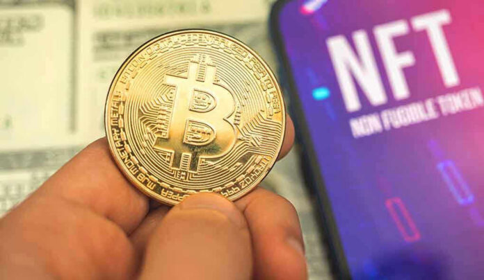 Bitcoin-1 Person holding Bitcoin coin, NFT text on screen.