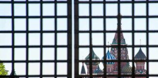 St. Basil's Cathedral seen through a metal grid