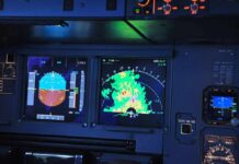 Air Traffic Messages Can Be Spoofed aircraft cockpit displays with attitude indicator and weather radar