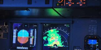 aircraft cockpit displays with attitude indicator and weather radar