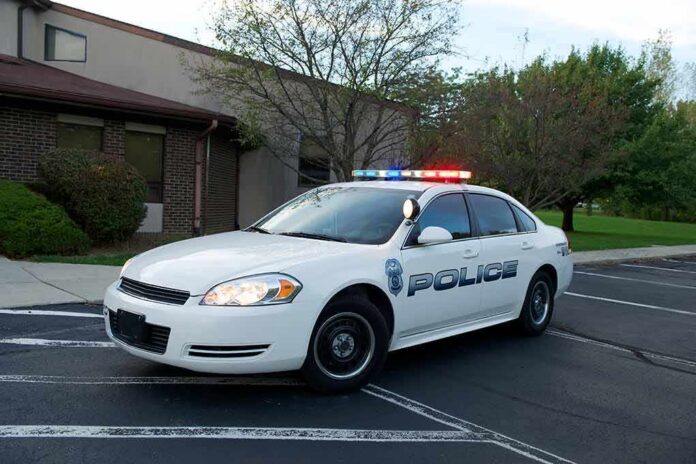 shutterstock_160872062 Police car with flashing lights parked outside a building