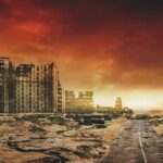 abandoned city ruins under fiery sky