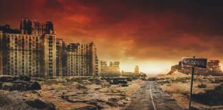 abandoned city ruins under fiery sky