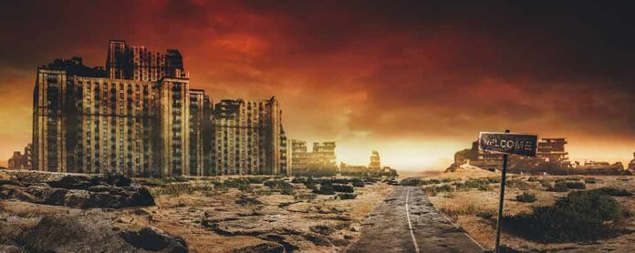 shutterstock_1832963167 abandoned city ruins under fiery sky