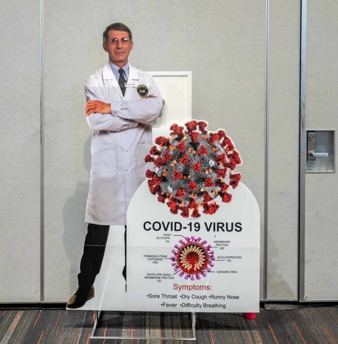 Cardboard cutout of doctor with COVID-19 virus info display