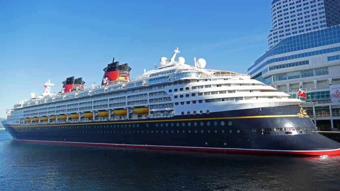 Cruise ship docked at a modern harbor terminal