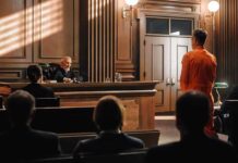 Defendant in orange jumpsuit stands before judge in courtroom
