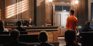 Defendant in orange jumpsuit stands before judge in courtroom