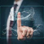 Businessperson touching virtual AI and data analytics interface