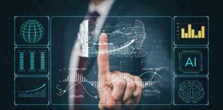 Businessperson touching virtual AI and data analytics interface