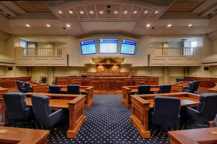 Courtroom interior with wooden benches and judge's bench