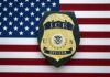 Trigger-Happy Agents: New Rules Keep Officers Off Streets ICE officer badge on American flag background