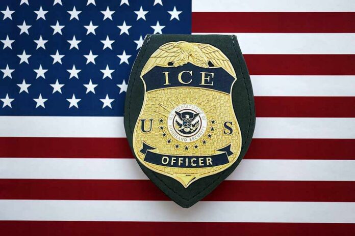Kyiv,,Ukraine,-,September,17,,2025,Us,Ice,Officer,Badge ICE officer badge on American flag background