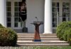 Money, Messages and Power Fuel Washington Dispute Podium with presidential seal in a garden colonnade