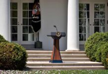 Money, Messages and Power Fuel Washington Dispute Podium with presidential seal in a garden colonnade