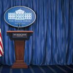 U.S. Targets Court Over Israel, U.S. Cases White House press briefing podium with U.S. flag and blue curtain