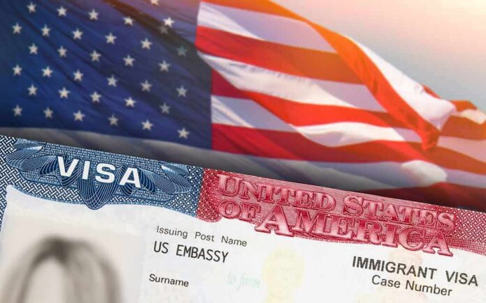 US visa document with American flag in background