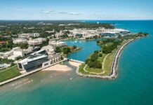 aerial view of a lakeside university campus with lagoon and curved shoreline