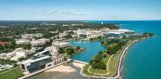 aerial view of a lakeside university campus with lagoon and curved shoreline