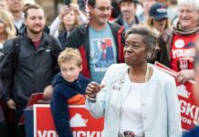Florida Senate Race Erupts Over “Lock Her Up” Calls Woman addressing a crowd at an outdoor event