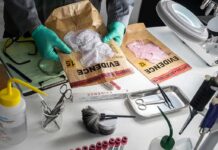 Tourist Convicted in Peachy the Flamingo Case Forensic technician handling evidence bags on a lab table