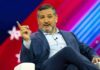 Senate Advances College Sports Pay Bill Ted Cruz speaking on stage, gesturing with one finger raised