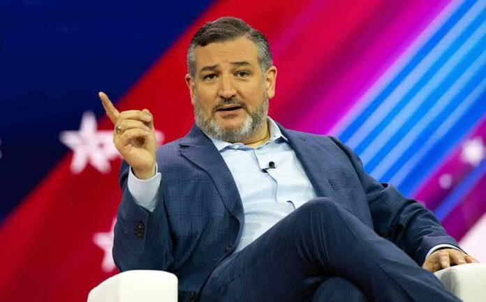 Ted Cruz speaking on stage, gesturing with one finger raised
