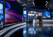 TV Stations Cancel Paris NFL Coverage modern television news studio with large video screens