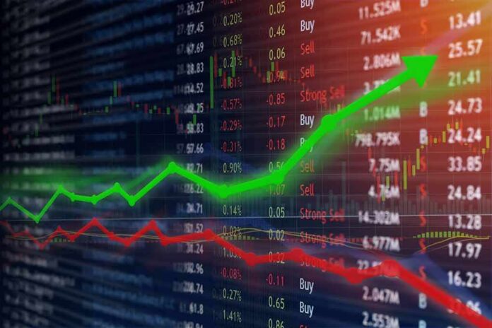 shutterstock_750493204-1 Stock market chart with green upward arrow and red downward line